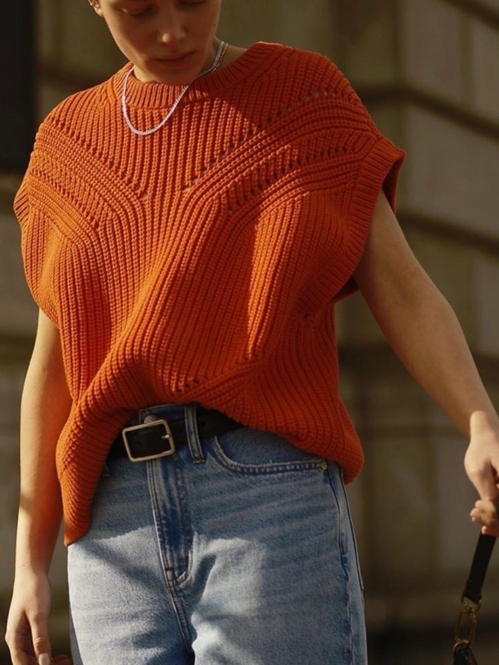 Madewell Mariella Pointelle Sweater Tee Red Orange Size S NWOT